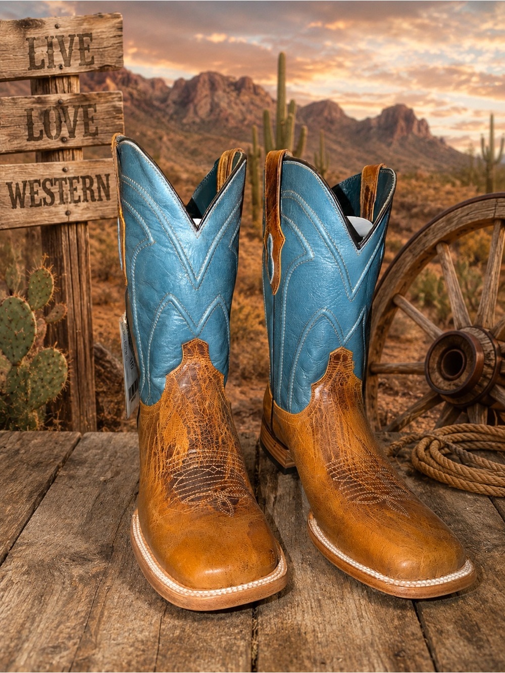Ferrini Mens Boots Leather Tan & Turquoise Western Cowboy Boots. 11D